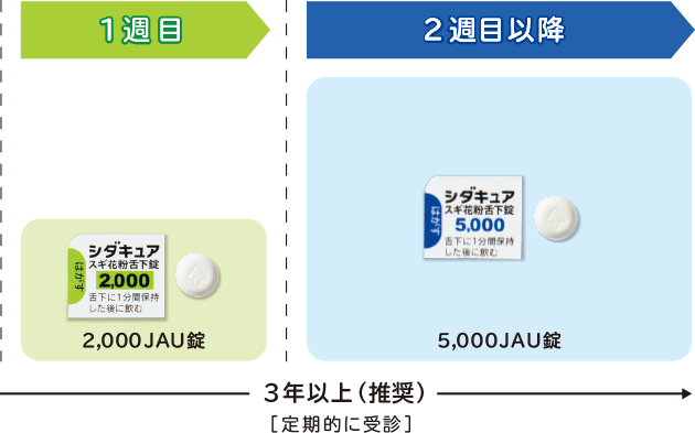 シダキュアの服用スケジュール図（1週目は2000JAU、2週目以降は5000JAUを継続）